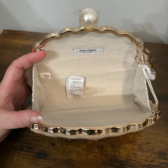 NWT Haute Hippie Clamshell Jute w/ Orange Embroidered Flowers Rhinestones Purse - Picture 6 of 9